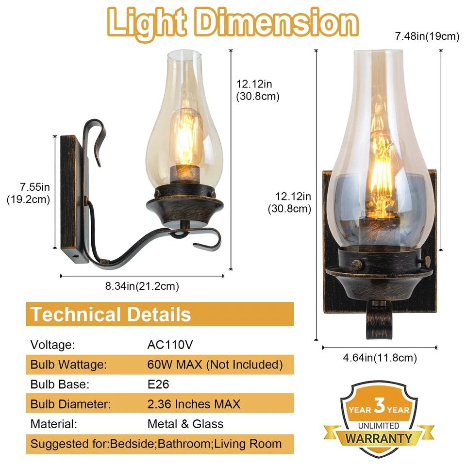 2 Pack Rustic Wall Light Vintage Oil Rubbed Bronze Sconce Amber Glass Fixtures - Image 2 of 4