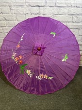Vtg Asian Parasol Umbrella Hand-Painted Purple Nylon Fabric  Bamboo 32  Across