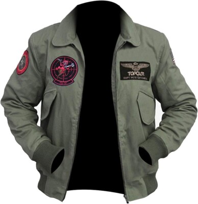 Top Gun Tom Cruise Inspired Men's Green Denim Flight Jacket Full Sleeve XS-4XL