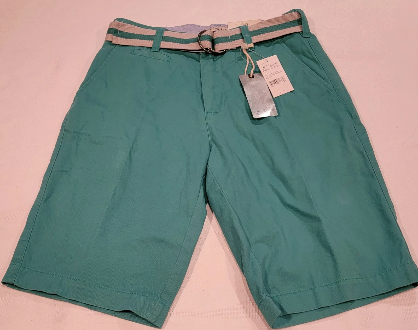 NEW Islandia Chino Shorts Mens 30 Green Flat Front Waist Belt 100% Cotton $42