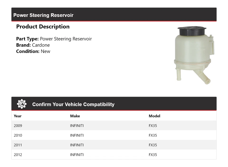 Depósito de dirección asistida Cardone 2010 2011 para Infiniti FX35 2009-2012 Foto 2 de 4