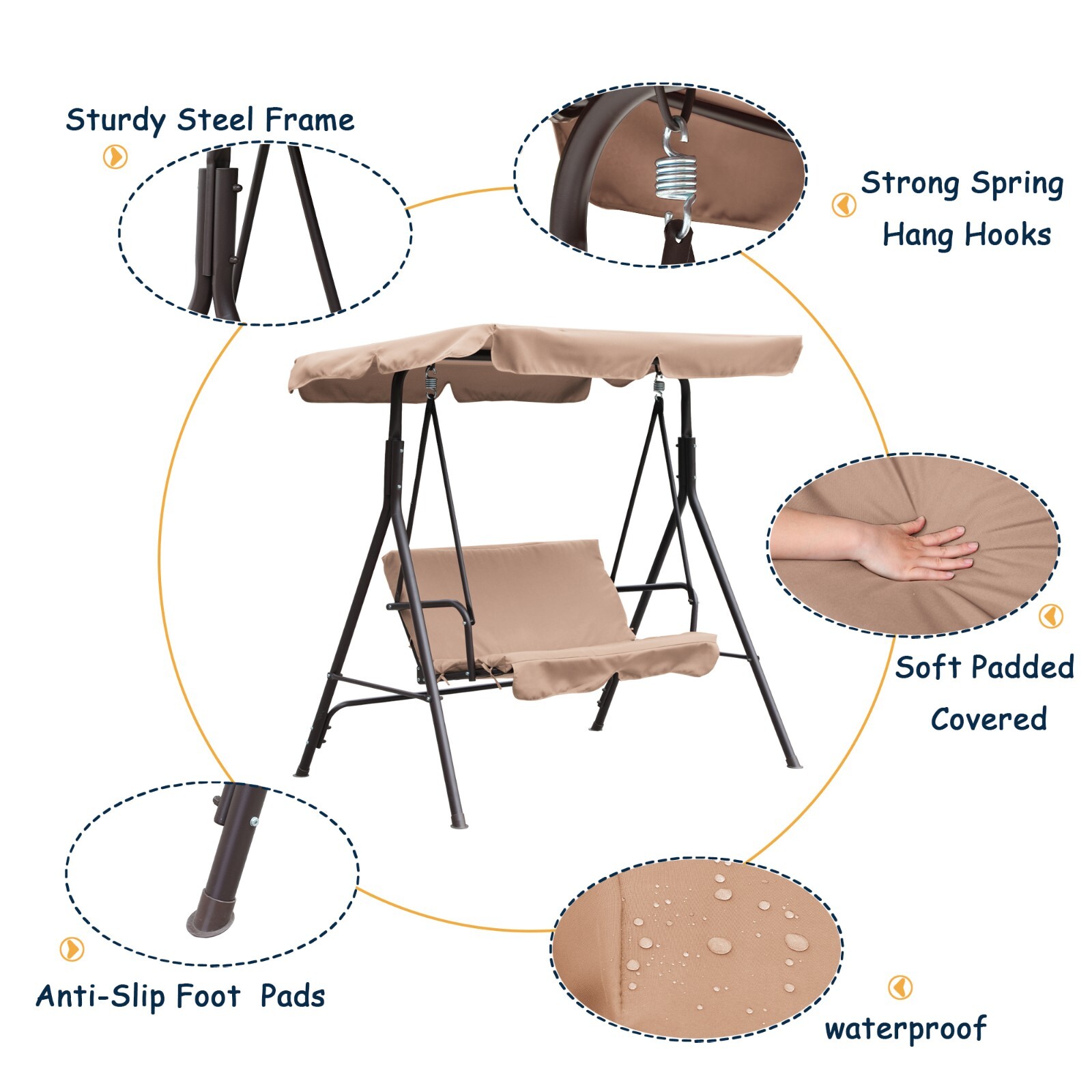 2Person Patio Swing Chair Porch Swing Removable Cushion ,Convertible