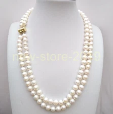 Double Strands AAA+ 8-9mm Round AKOYA White Pearl Necklace 18" 14k Gold P
