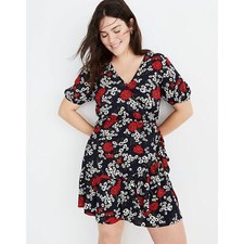 MADEWELL Ruffle-Wrap Dress in Hillside Daisies Black Red Floral {C54}