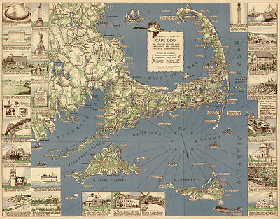 Early Decorative Pictorial Map Cape Cod Genealogy History Art Poster Wall Decor