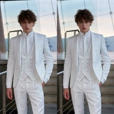 White Men's Suit 3Pcs Wedding Party Hosting Vest Tuxedo Gentle Groom Party Slim