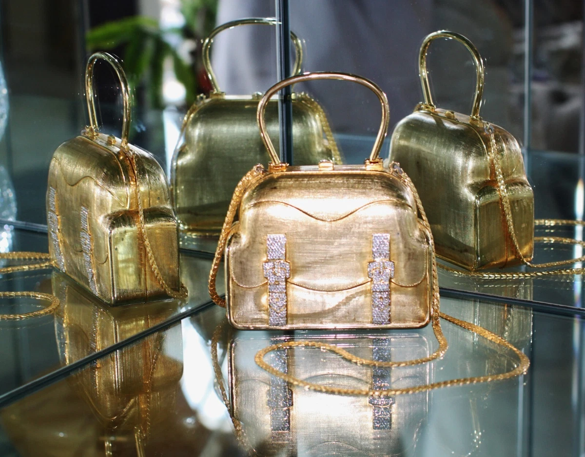 Judith Leiber GOLD Metal Swarovski Crystal Train Case Box LUGGAGE Shoulder Bag