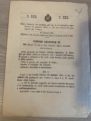 ROYAL DECREE NO. 523 OF 20 NOVEMBER 1902 ROME SEAL GUARD F. COCCO-ORTU