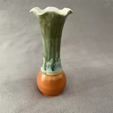 Studio Art Pottery Vase Burnt Orange with Green Raku Glaze Signed Williams