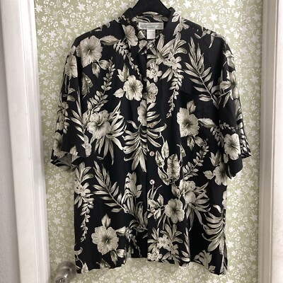 Pineapple Moon 100% Silk Men s Size L Large Black Hawaiian Floral Leaf Shirt Top