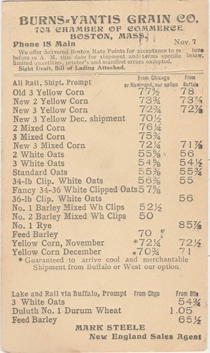 Boston MA -- Burns-Yantis Grain Co. -- 1908 - Prices for Corn, Oats, Barley, Rye