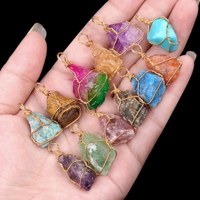Natural Rough Stone Gold Wire Wrapped Pendant DIY Earring Jewelry Making Charm