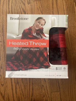 Brookstone Cozy Heated Plush Throw Red/Black Built-In Controller 50 X60 NEW