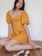Reformation Harris Puff Sleeve Linen Mini Dress Ochre Size 2