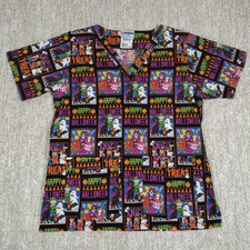 Scrub Top Halloween Size Medium Smiling Animals and Ghosts 2 Double Pockets