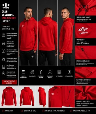 Umbro Poly OH Hoodie Herren Rot Gr. S Kapuzenpullover Sweatshirt UMJM0158 Neu