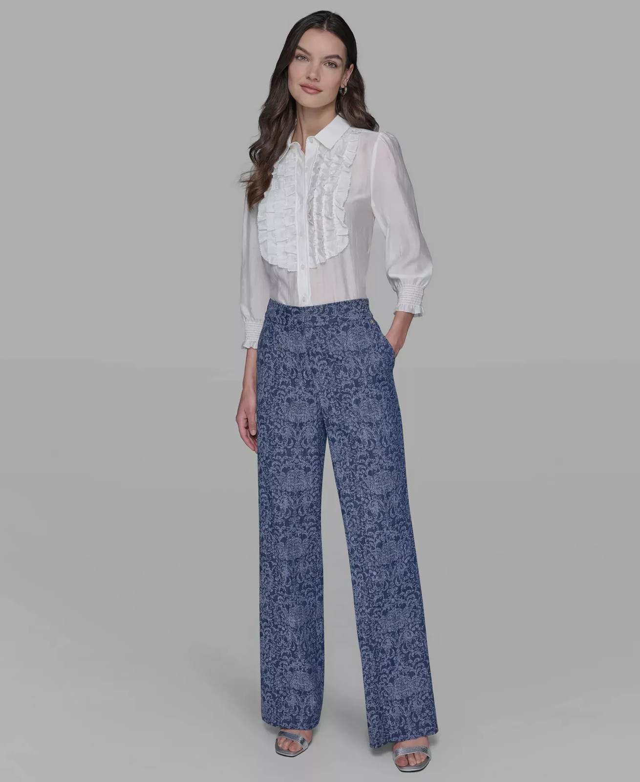 KARL LAGERFELD PARIS Women's Pants Sz 6 Printed Wide-Leg Denim