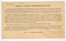 1947 USPOD STAMP ANNOUNCEMENT CARD FDC 945 THOMAS EDISON INVENTOR OHIO