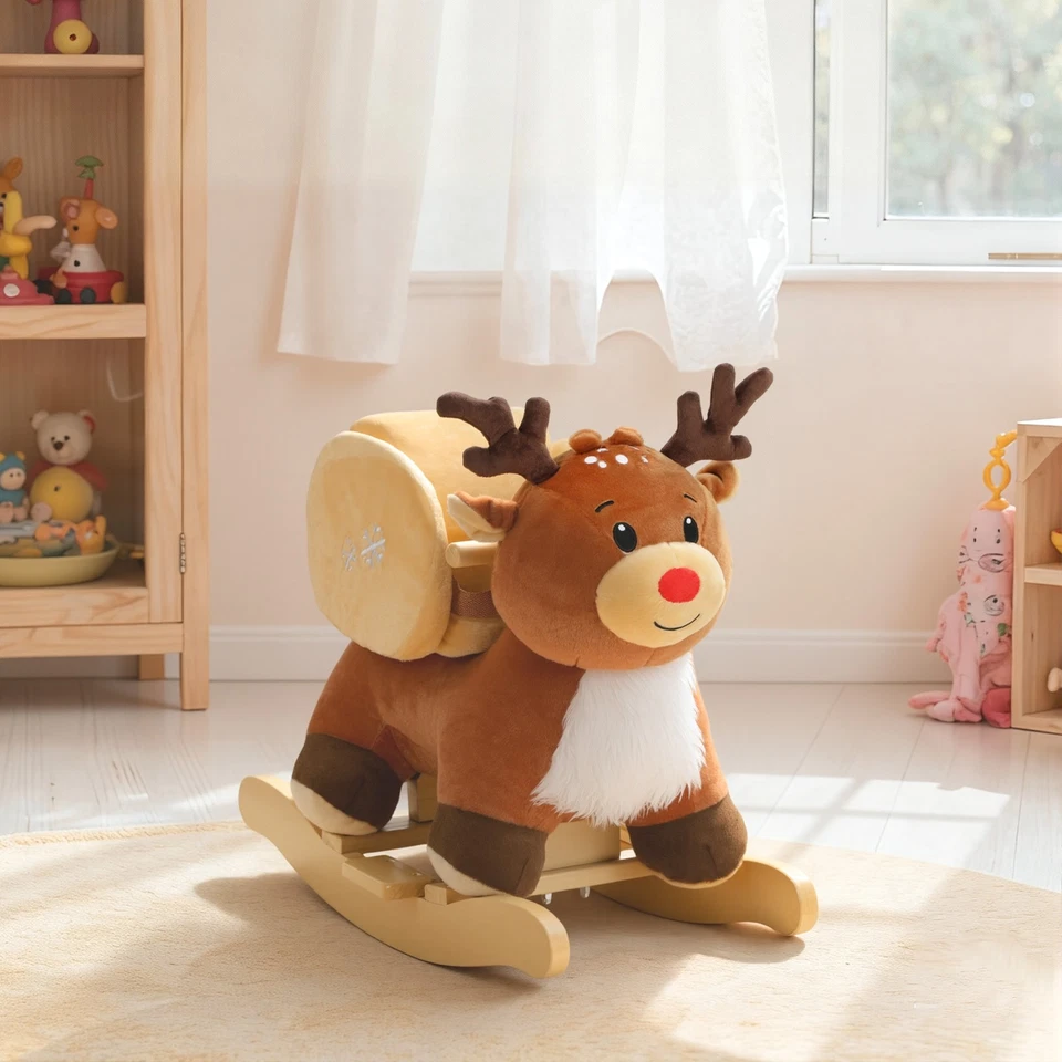 Kinder Schaukelpferd Baby Schaukeltier Rentier mit Schlafliedern Plüsch Braun - Bild 3 von 4