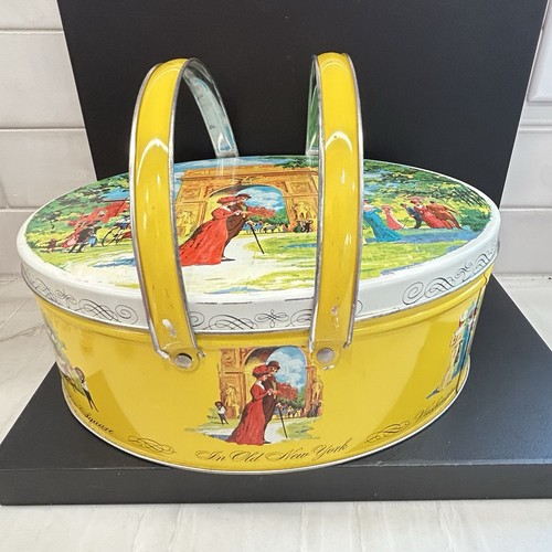 Vtg Yellow Tin - Old New York  Washington Square Tin Sewing Basket with Handles