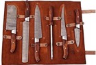 Handmade 6 Damascus Steel BBQ Kitchen Chef knife set with leather roll bag