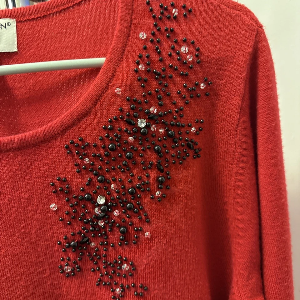 Suéter para mujer Covington rojo con cuentas talla 16-18 mangas 3/4 cuello redondo acrílico Foto 3 de 4