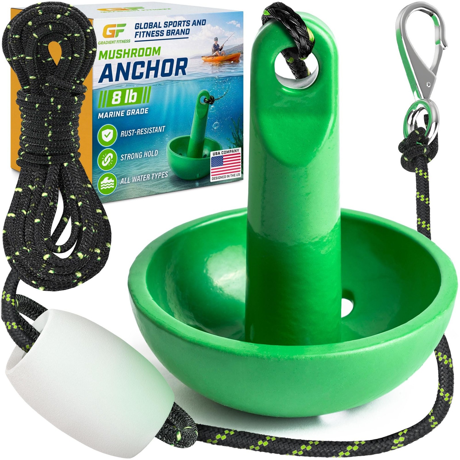 8 lb Mushroom Boat Anchor with 25 ft Rope & Buoy - Green Marine Anchor Kit