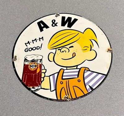 VINTAGE 12  A & W ROOT BEER DENNIS PORCELAIN SIGN CAR GAS OIL TRUCK MOTORCYCLE