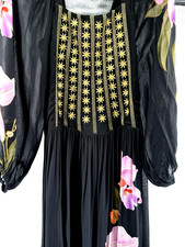 Farm Rio Dress Womens M Black Floral Embroidered Maxi Puff Sheer Sleeve Boho