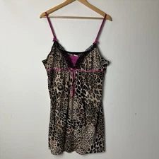 Vtg Donatella Babydoll Mini Slip Dress Chemise Leopard Print Lace Y2K 90s Glam L