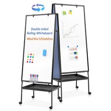Rolling Whiteboard on Wheels 48x24 in, Double Sided Mobile White Board with S...