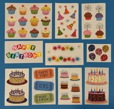 Mrs. Grossman's Mixed lot of Birthday stickers, 10 mods- Cake, Balloons, Party