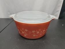 Vintage Pyrex Round Casserole 474-B Orange - "Tan" Flowers & Glass Lid