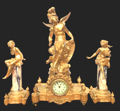 Auguste Moreau Paris ''Mars mit Nymphen'' Jugendstil Antike Bronze Tischuhr 1880