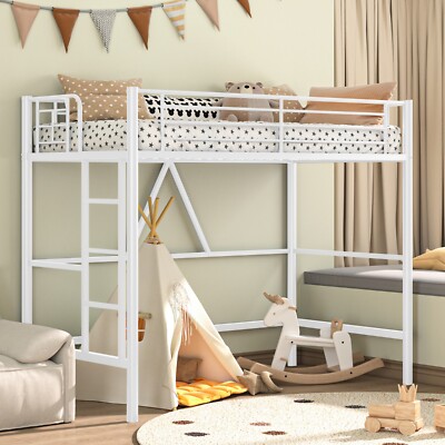 Twin Size Metal Loft Bed w/Removable Ladder and Safety Guardrail Easy Assembly