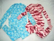 L.L. BEAN Girls Blue SNOWFLAKE Pnk CAMOUFLAGE Long Johns Thermal Base Layer SUIT