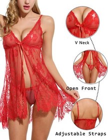 Sexy Open Front Lingerie Chemise See-Through Negligee Lace Sleepwear G-Thong Set