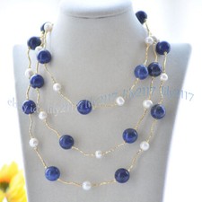 Natural 14mm Round Blue Lapis Lazuli 7-8mm White Freshwater Pearl Necklace 32''