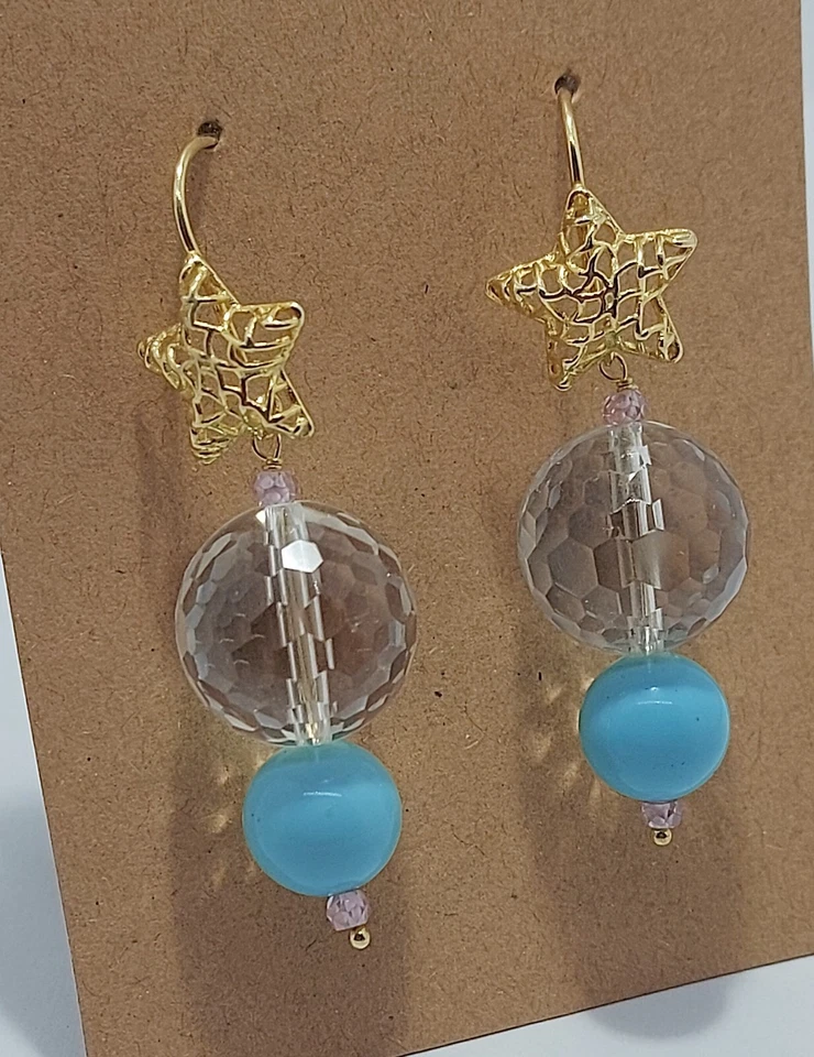 Orecchini donna pendenti argento925 dorato pasta turchese stella quarzi naturali - Immagine 2 di 4