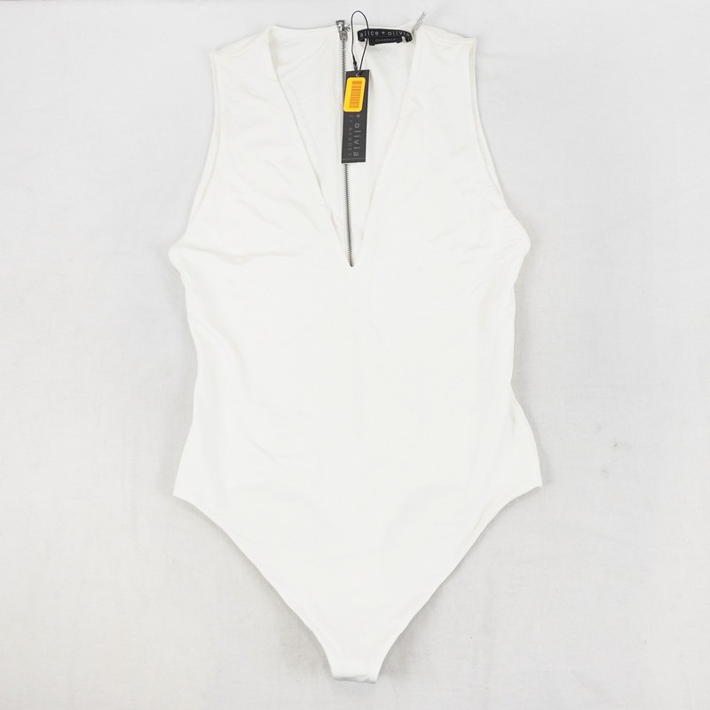 Alice + Olivia Olea Sculpting V-Neck Bodysuit In Off-White - Women's Size Small