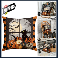 Trick or Treat Halloween Pumpkin Cat Throw Pillow Cover 18x18 Inch Farmhouse