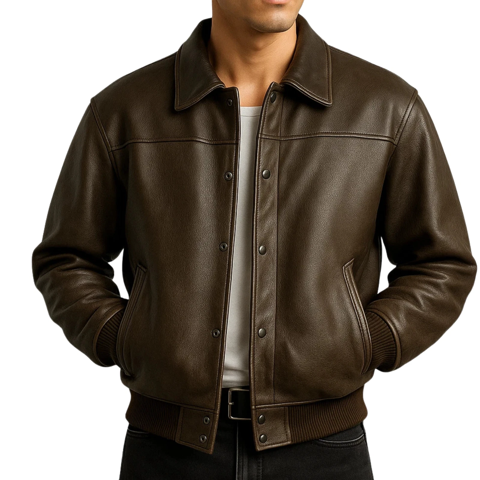 Men’s Brown Genuine Leather Bomber Jacket – Classic Flight Style Real Leather