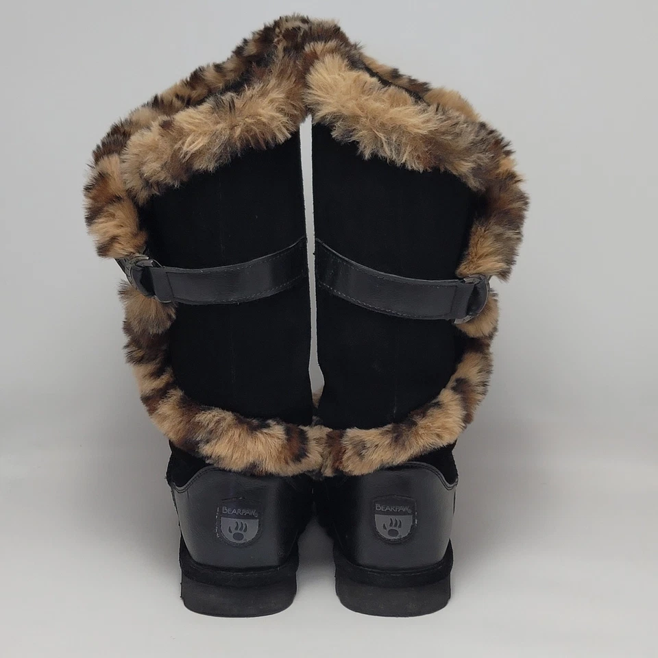 BEARPAW Sheilah Suede Plush Faux Fur Leopard Print Trimmed Tall Winter Boots 9 - Image 4 of 4