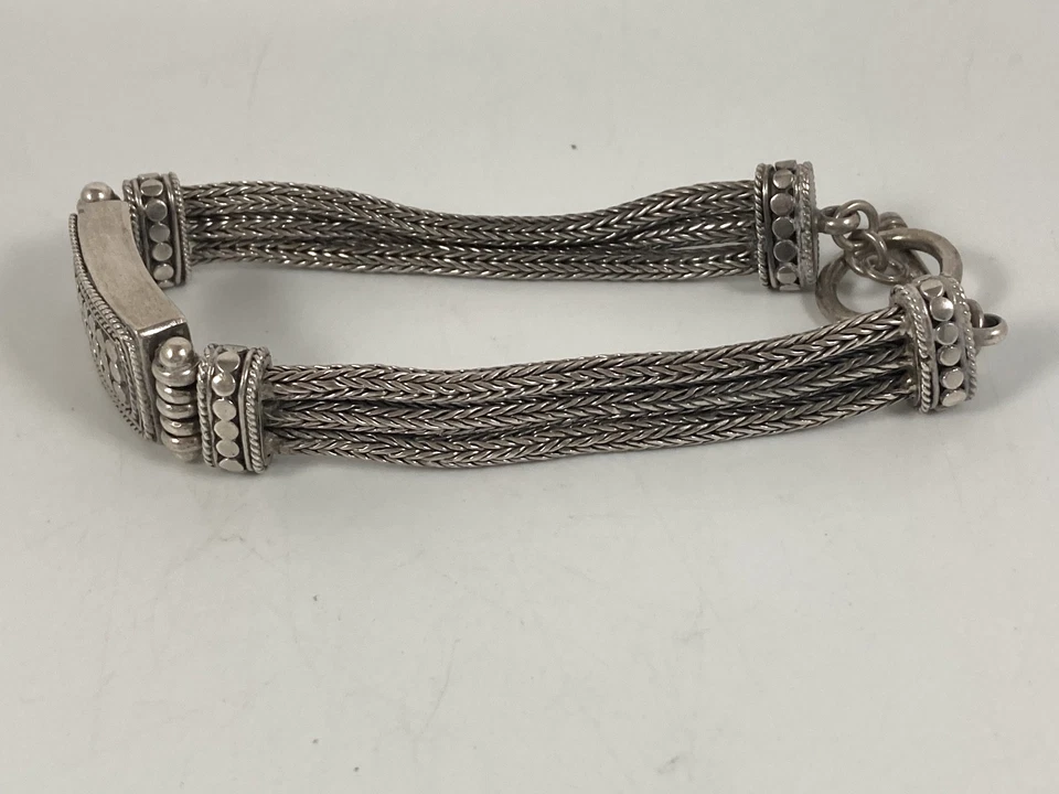 STERLING SILVER THREE ROW CHAIN DOTS BAR TOGGLE BRACELET 8" - Image 2 of 4