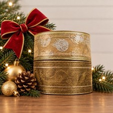 LOT OF 2 NEW Christmas Gold Glitter Wired Ribbon 50 Yds Each 2.5  Wide