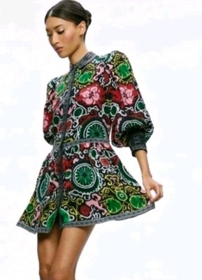 Alice + Olivia Bertha Mini Dress Size L Floral Scroll Print Button Front Cupro