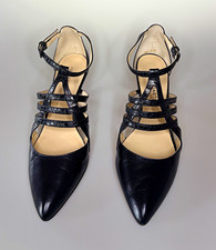 Franco Sarto Fernleaf Black Leather Pointed Toe Strappy Pumps Heels 9M