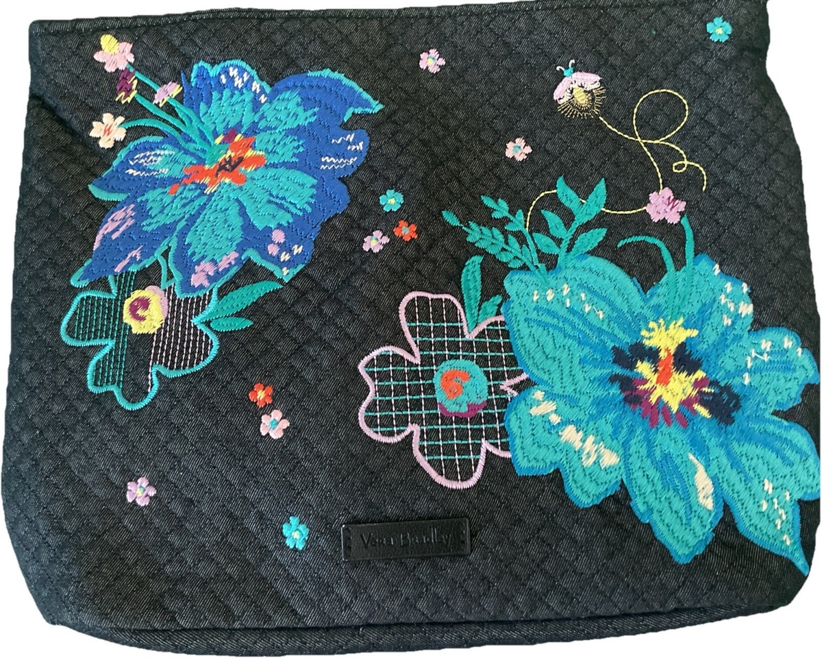 Vera Bradley Small Iconic Vera Tote Denim Navy Flower Embroidered