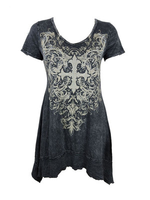 New Vocal Women Tunic Shirt Shark Bite Scoop-Neck Crystal Cross Mineral Wash 
