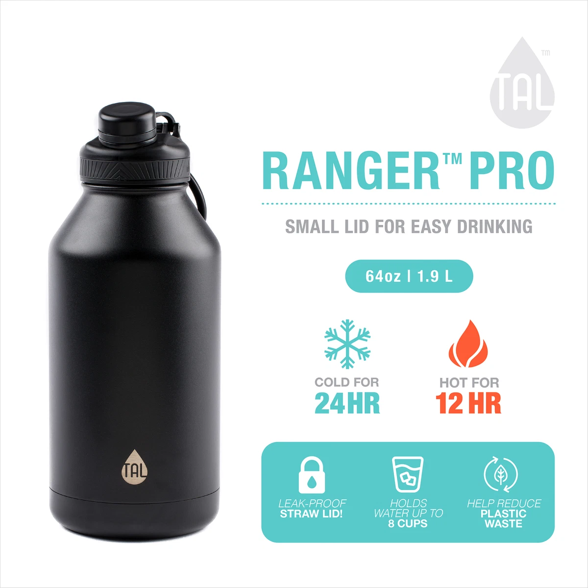 TAL Water Bottle 64oz Insulated Stainless Steel Double Wall Rubber Grip  Wide Lid